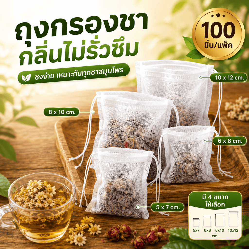 ถุงกรองชาเปล่า 100 ชิ้น แบบใช้แล้วทิ้ง ผ้าไม่ทอ กรองละเอียด มีเชือกรัด สำหรับชา สมุนไพร เครื่องเทศ ซุป