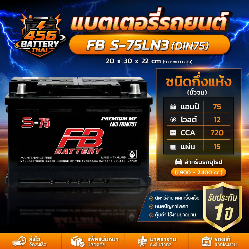 แบตเตอรี่รถยนต์ ขั้วจม (กึ่งแห้ง) FB S75 LN3 (DIN75) MF สำหรับรถยุโรป เครื่อง 1.9-2.4 CC. พร้อมส่ง