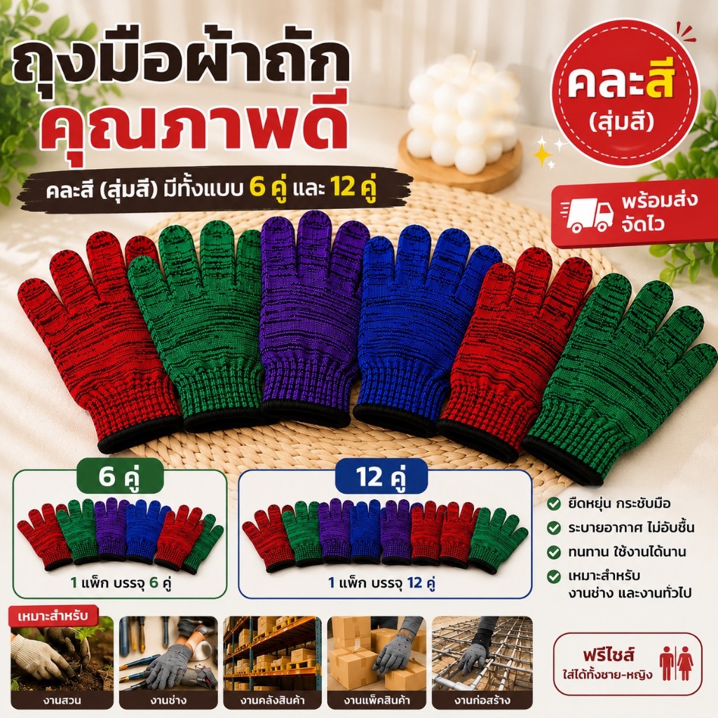 ถุงมือผ้าถักกันบาด สีสุ่ม 6 คู่ / 12 คู่ ถุงมือทำงาน ถุงมือช่าง ถุงมือสวน ยืดหยุ่น กระชับมือ ระบายอากาศ
