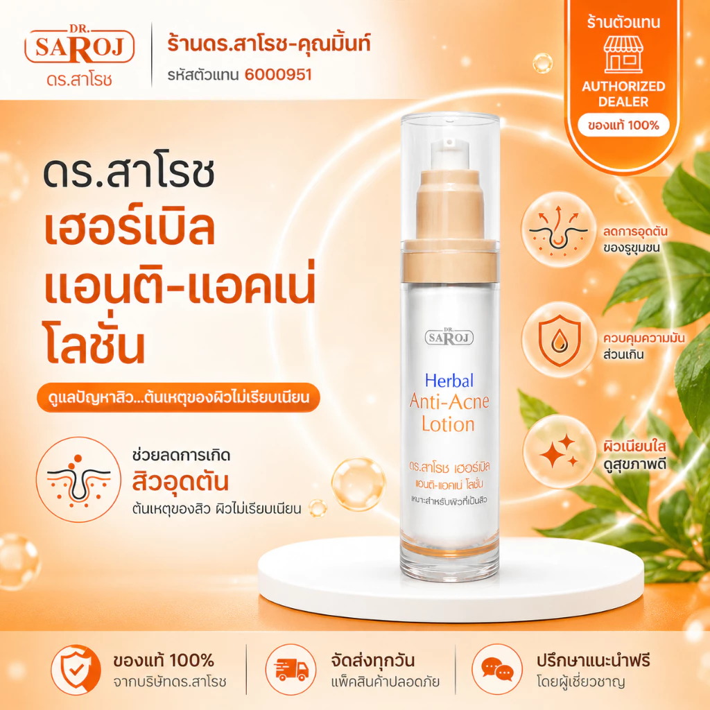 DR.SAROJ(ของแท้) ดร.สาโรช (Dr.Saroj) โลชั่นรักษาสิว สำหรับสิวอุดตัน (ทาทั่วหน้า) 60 ml.