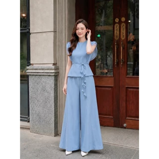 THE CLOSETA : LB635 ชุดเซ็ทเสื้อทรงแขนล้ำแต่งระบาย+กางเกงทรงขาบาน พร้อมเชือกผูกเอวดอกไม้