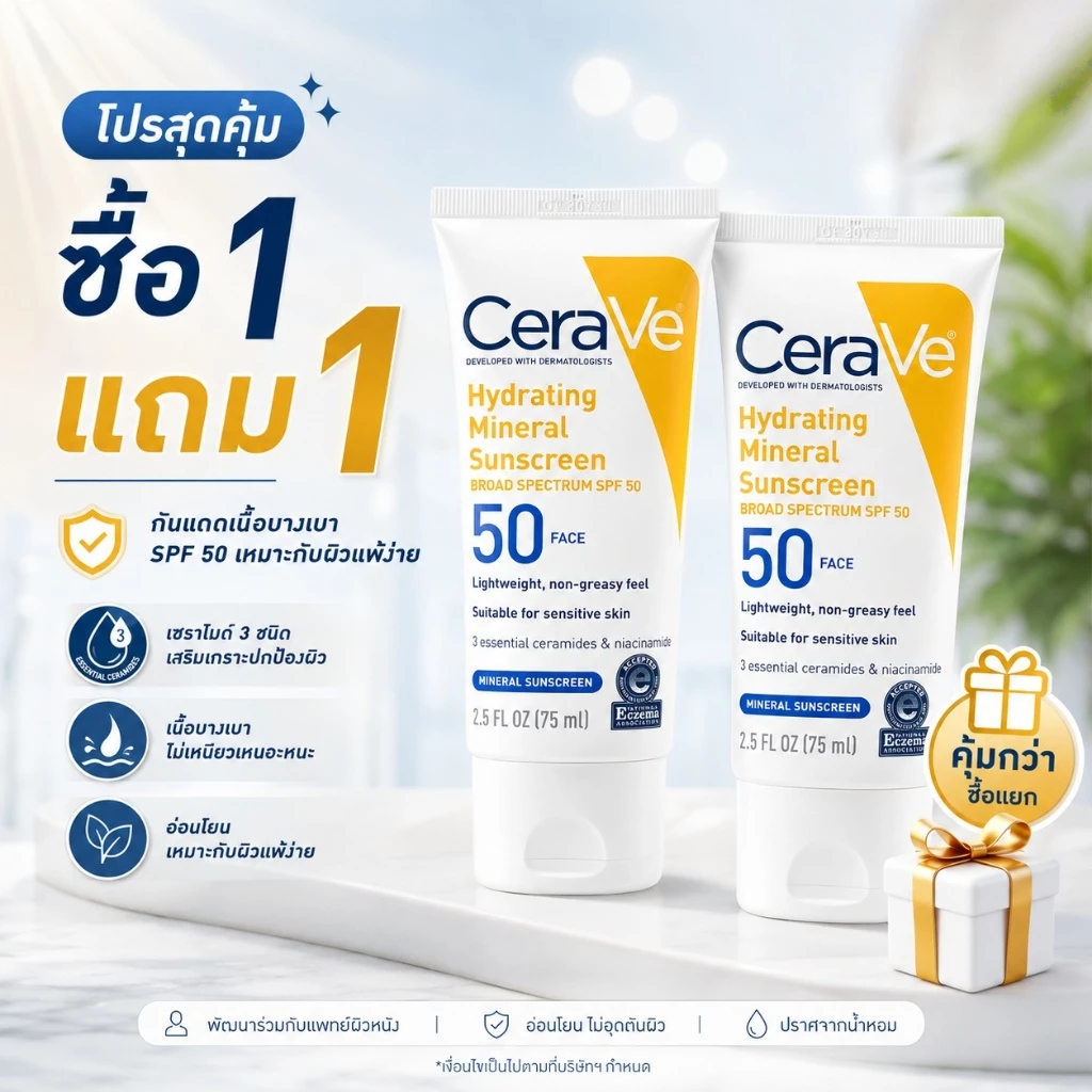 ครีมกันแดดเนื้อบางเบา SPF50 กันแดดแร่ 75ml ปกป้องผิวสูง พร้อมเซราไมด์ ฟื้นฟูเกราะป้องกันผิว ซื้อ 1 แถม 1