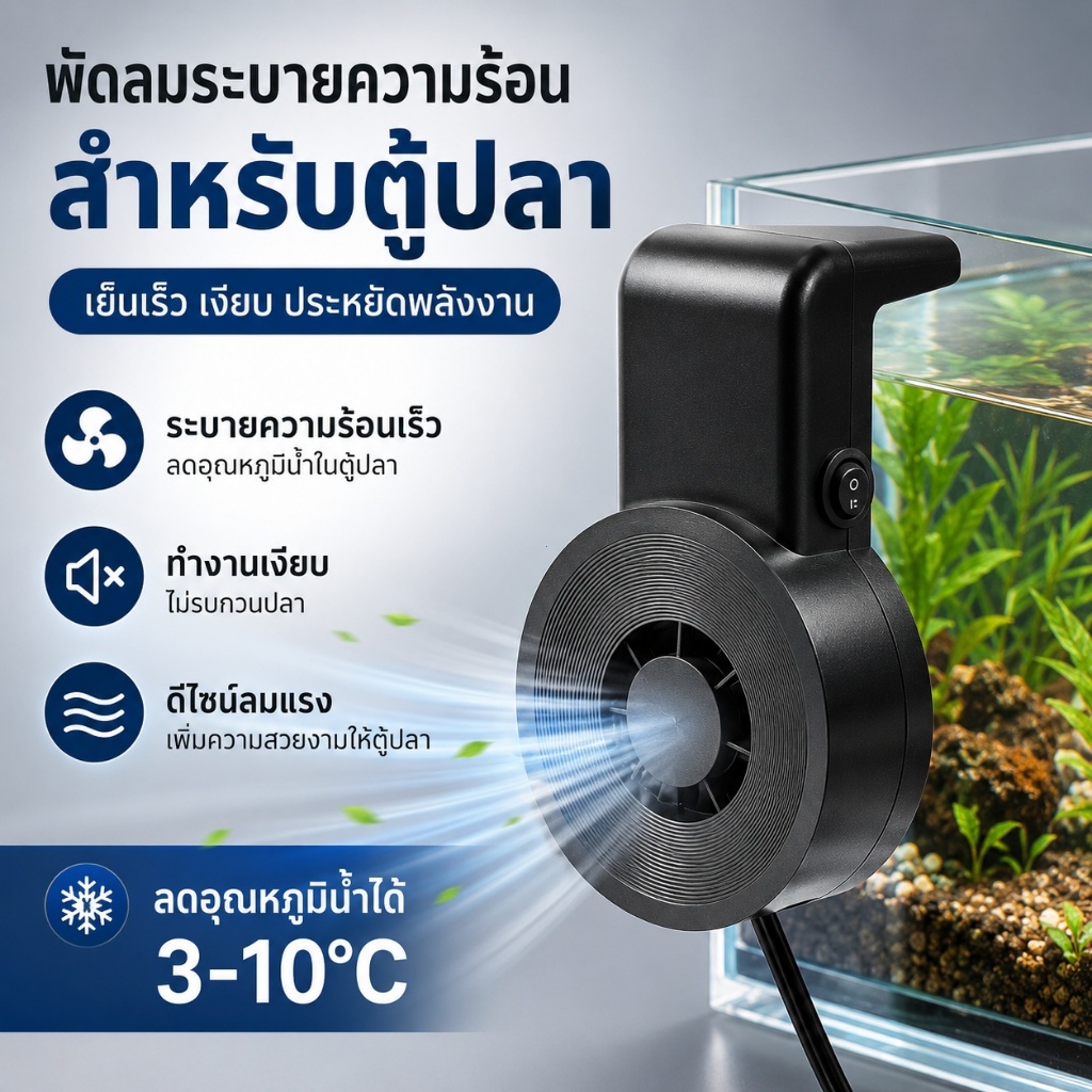 พัดลมตู้ปลา พัดลมลดอุณหภูมิน้ำ ระบบระบายความร้อนสำหรับตู้ปลา เสียงเงียบ ลมแรง ประหยัดพลังงาน ใช้งานง่าย