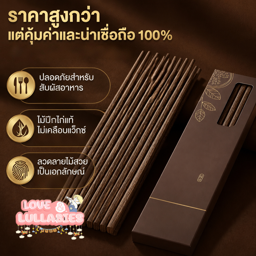 Love&Lullabies ตะเกียบไม้เวงเก้ เนื้อไม้แข็งแรง ทนทุกสภาพการใช้งาน ไม่สะสมเชื้อโรค ปลอดภัยต่อสุขภาพ ใช้ซ้ำได้ ร้านอาหารใ