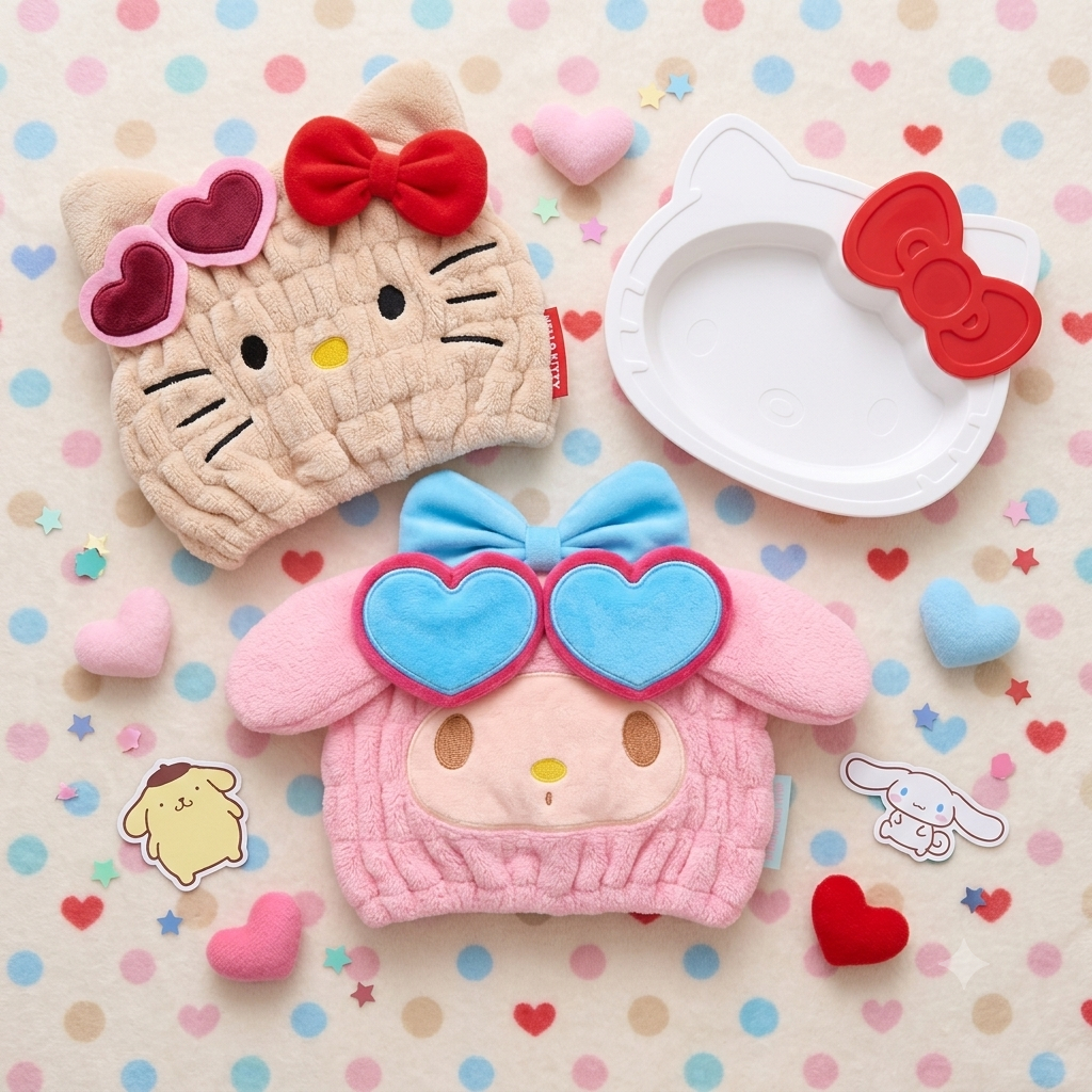 ผ้าคลุมผมแห้งและจาน ของใช้ Hello Kitty Sanrio (พร้อมส่ง) ของแท้นำเข้าจากญี่ปุ่น