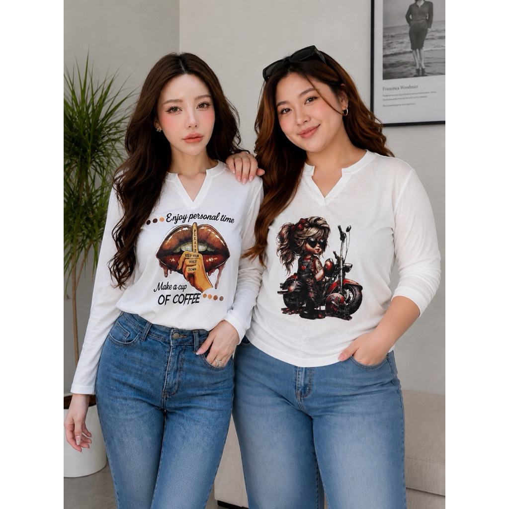 A243 BunnyFashion เสื้อสลาฟคอวีกุ้นคอ สกรีนลาย ผ้าสลาฟบาง มี2 ไซส์