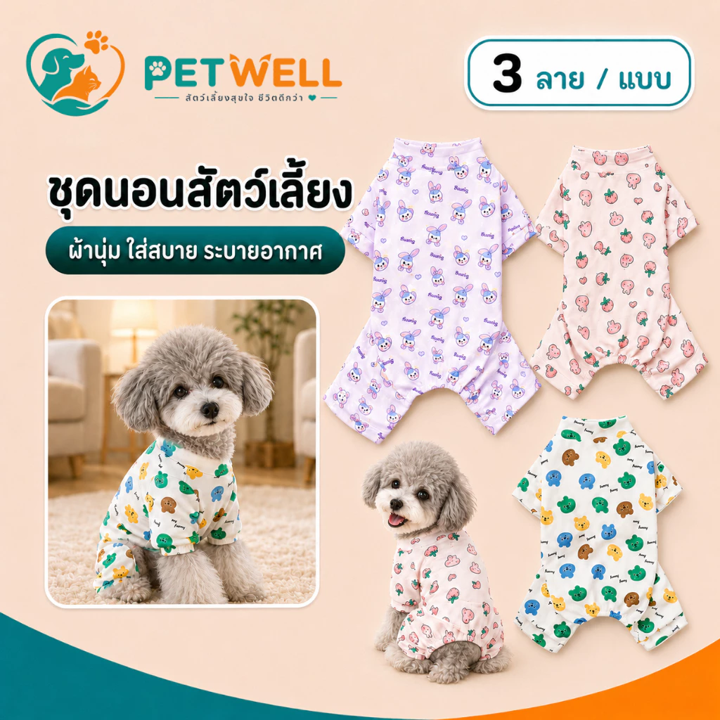 ชุดนอนสัตว์เลี้ยง PETWELL ชุดนอนนุ่มๆ พร้อมลายน่ารัก เสื้อผ้าสัตว์เลี้ยงสำหรับแมวและสุนัข XS-XL