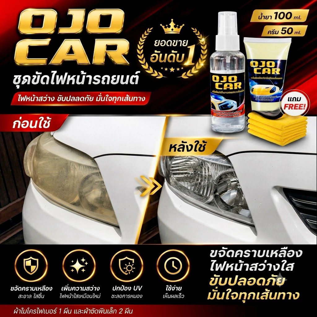 OJOCAR น้ำยาขัดไฟหน้ารถยนต์ 100 ML ครีมขัดเคลือบเงา 50 ML แถมฟรี ผ้าสำหรับขัดไฟ 2 ผืนผ้าไมโครไฟเบอร์ thumbnail 4