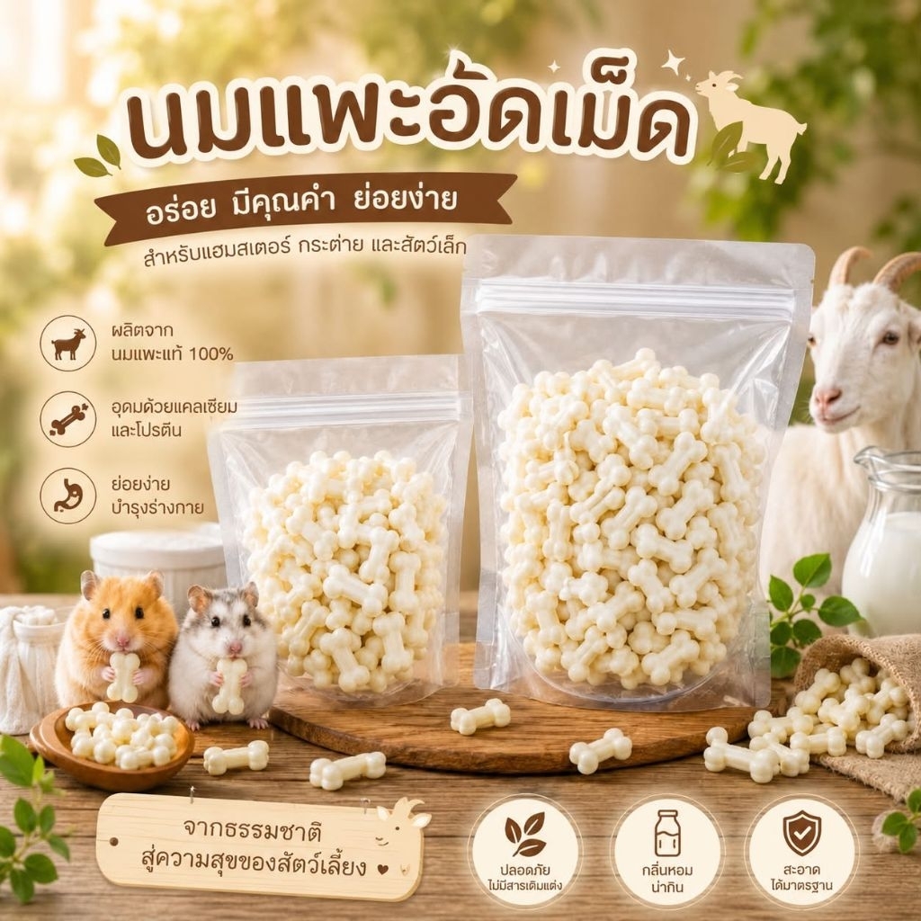Hamu ❤️ นมแพะอัดเม็ดรูปกระดูก เกรดพรีเมียม สำหรับสัตว์ฟันแทะ ได้รับมาตรฐาน GMP  แบ่งขาย 50-100 กรัม