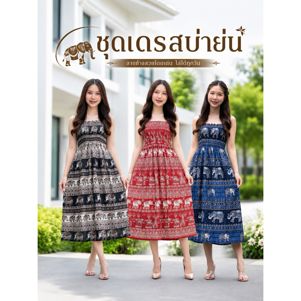 INTERชุดเดรสบ่าย่นผู้ใหญ่ เดรสยาวลายช้าง อกสม็อคดีเทลช้างสวยๆ ดีไซน์พิเศษ สำหรับผู้หญิงที่ชื่นชอบสไตล์ที่มีเอกลักษณ์