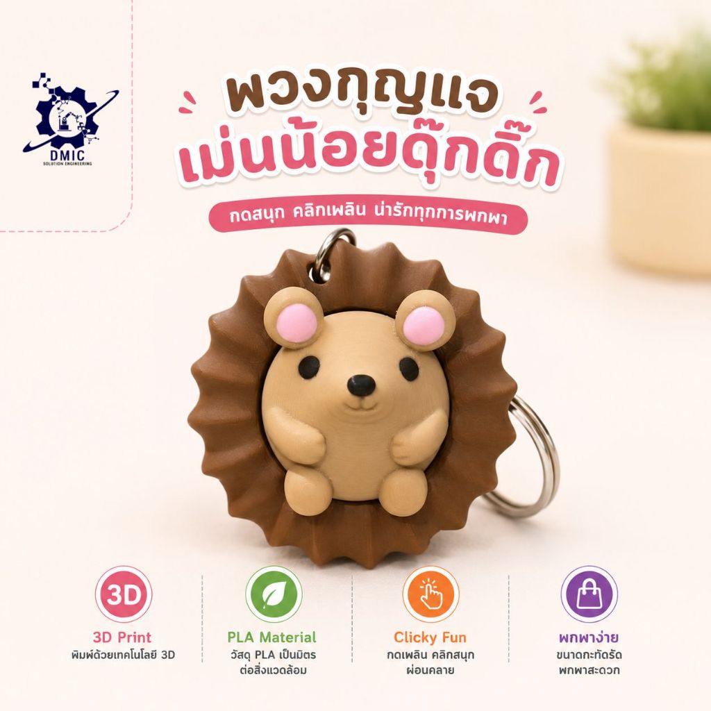 พวงกุญแจเม่นน้อยดุ๊กดิ๊ก (Hedgehog Fidget Keychain) วัสดุ PLA 3D Printing