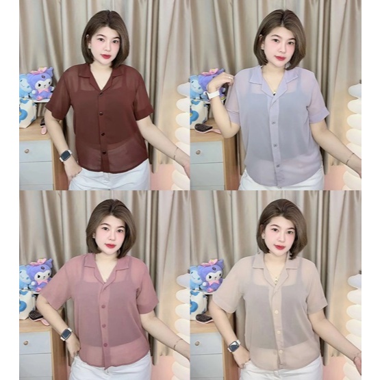 M115 เสื้อเชิ้ตคอปกชีฟองแขนสั้น อก 40"-44"-48"-52"