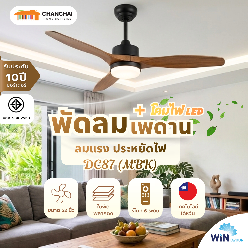 พัดลมเพดาน 52 นิ้ว WIN FAVOUR รุ่น DC87 สีดำด้าน (MBK) มีโคมไฟ LED DC มอเตอร์ ใบพัดพลาสติกABS สีไม้เ