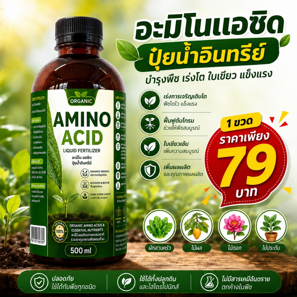 กรดอะมิโนเข้มข้น Amino Acid Liquid เร่งการเจริญเติบโต ฟื้นฟูต้นโทรม ใบเขียวเข้ม ขนาด 500 ml.