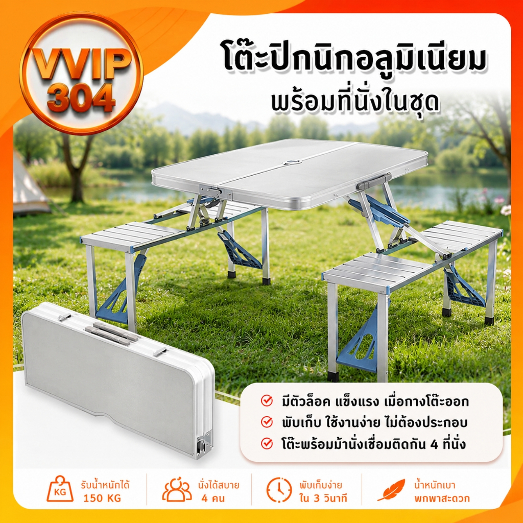 โต๊ะปิกนิกอเนกประสงค์ พร้อมเก้าอี้ในตัวพับเก็บได้ โต๊ะอลูมิเนียม ใช้ได้ทุกกิจกรรม สินค้าพร้อมส่งจากไทย