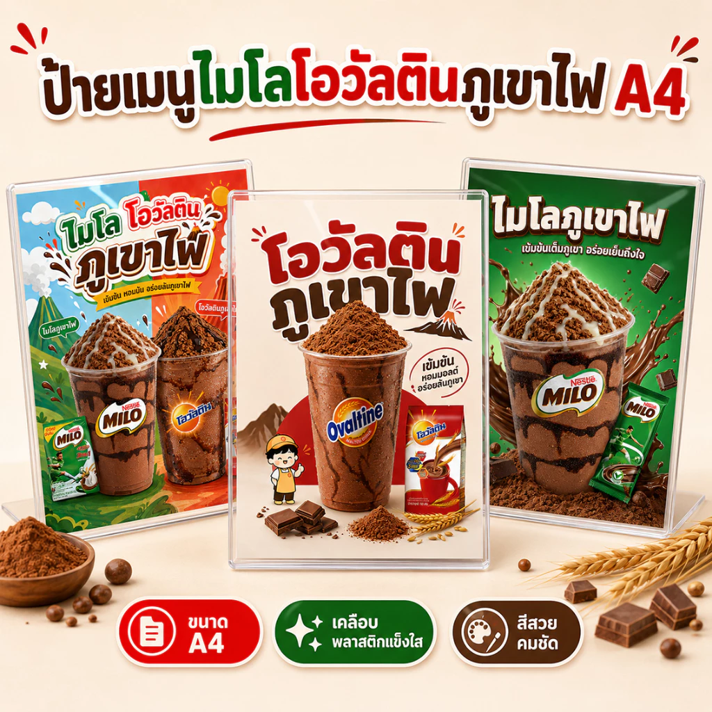 ป้ายโอวัลตินภูเขาไฟ ไมโลโรงเรียน A4 เคลือบแข็งใส ป้ายเมนูสำเร็จรูป