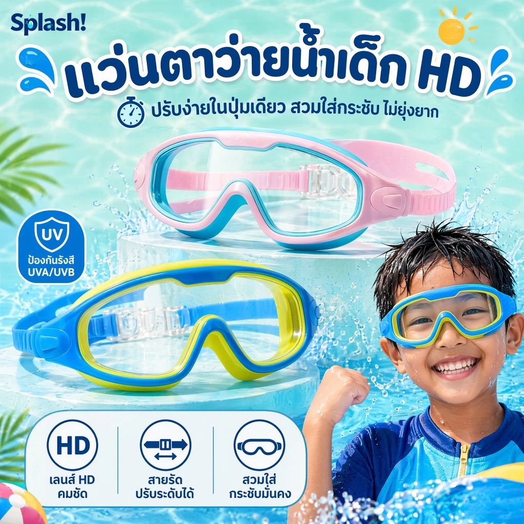 แว่นตาว่ายน้ำผู้ใหญ่ กรอบใหญ่ HD กันน้ำ กันฝ้า กันUV ใส มองเห็นชัด ปรับระดับได้ ชาย-หญิง