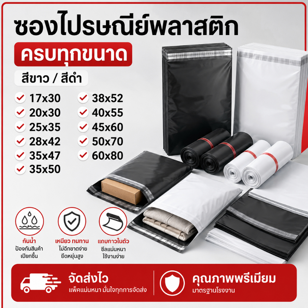ถุงพลาสติกสำหรับส่งด่วน  100 ใบ ซองพัสดุกันน้ำ เนื้อหนา ทนทาน ไม่ขาดง่าย มีหลายขนาดให้เลือก