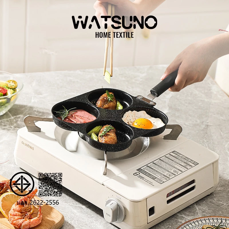 Watsuno.กระทะทอด 4 หลุม เคลือบเทฟล่อน ทอดไข่ดาว ทอดง่าย ไม่ติดกระทะ กทำไส้เบอร์เกอร์ ใช้ได้กับเตาทุกชนิด