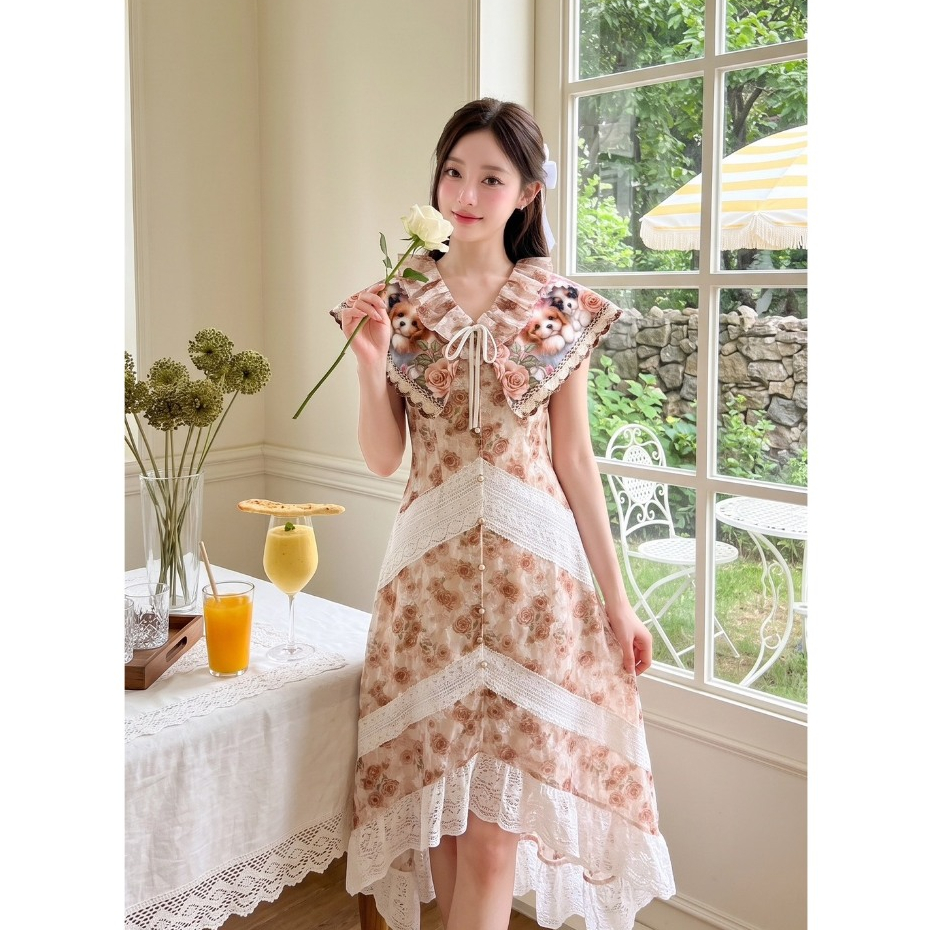 (มี3XL) Chanya Puppy Dress เดรสยาววินเทจผ้าคอตตอน ปกสองชั้น ตัดต่อผ้าลูกไม้ ทรงหน้าสั้นหลังยาว ซิปหลัง มีซับใน