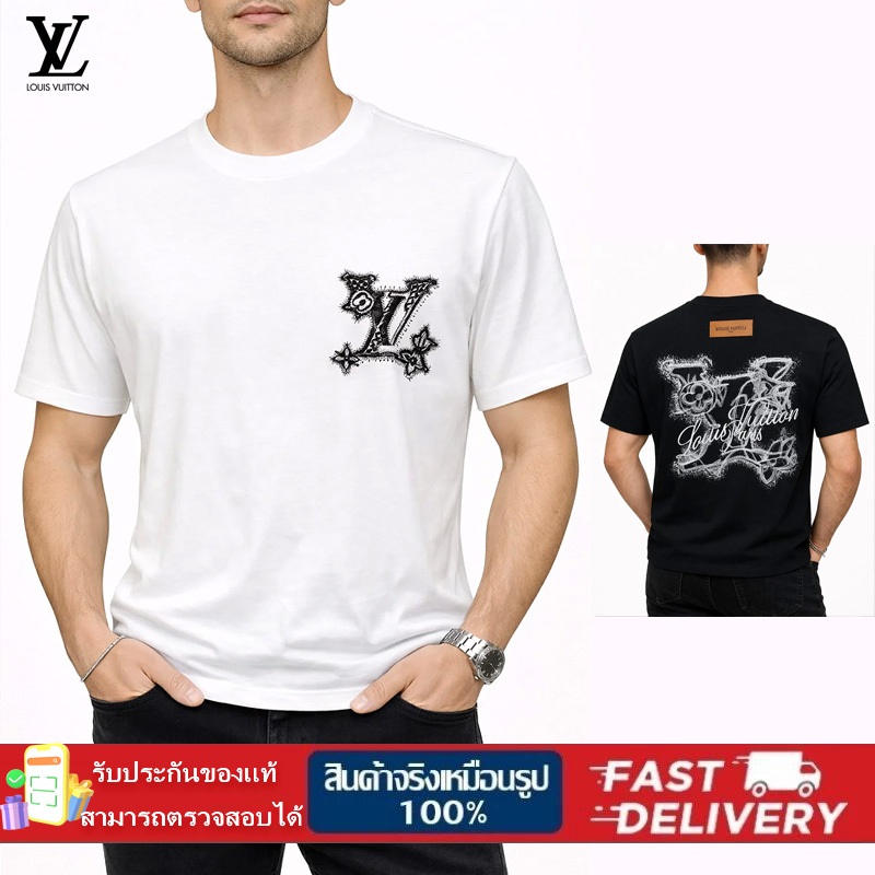 มีใบเสร็จครบ Authentic luxuryคอตตอน 100% loยูisvวีuiton เสื้อยืด Comfort T-Shirt แบบยูนิเซ็กส์