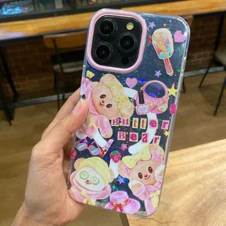 เคสอะครีลิคสกรีนลายน้องหมี มีที่ชาร์จไร้สาย แต่งโฮโลแกรมดาว ขอบนิ่ม งานเงา ปุ่ม Camera control ปิด
