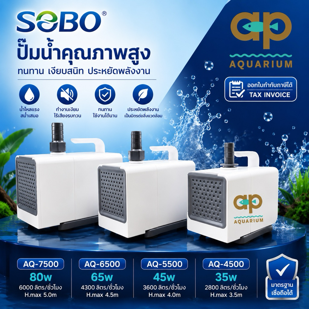 ปั๊มน้ำ สำหรับตู้ปลา บ่อปลา SOBO AQ Series AQ-4500 AQ-5500 AQ-6500 AQ-7500 ทำน้ำพุน้ำตกน้ำหมุนเวียน ดีไซน์ใหม่ สวยงาม