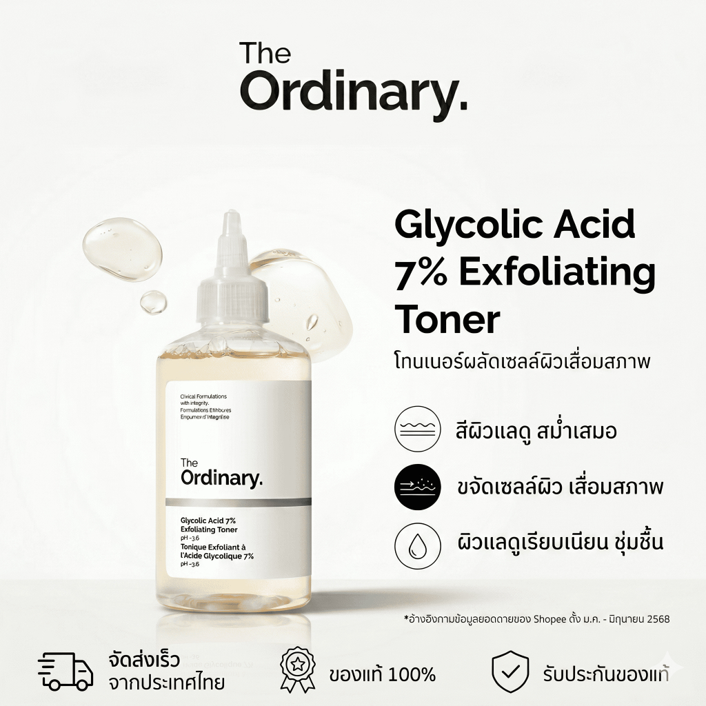 โทนเนอร์ผลัดเซลล์ผิว The Ordinary Glycolic Acid 7% 240 มล. ผิวเรียบเนียน กระจ่างใส ลดสิว