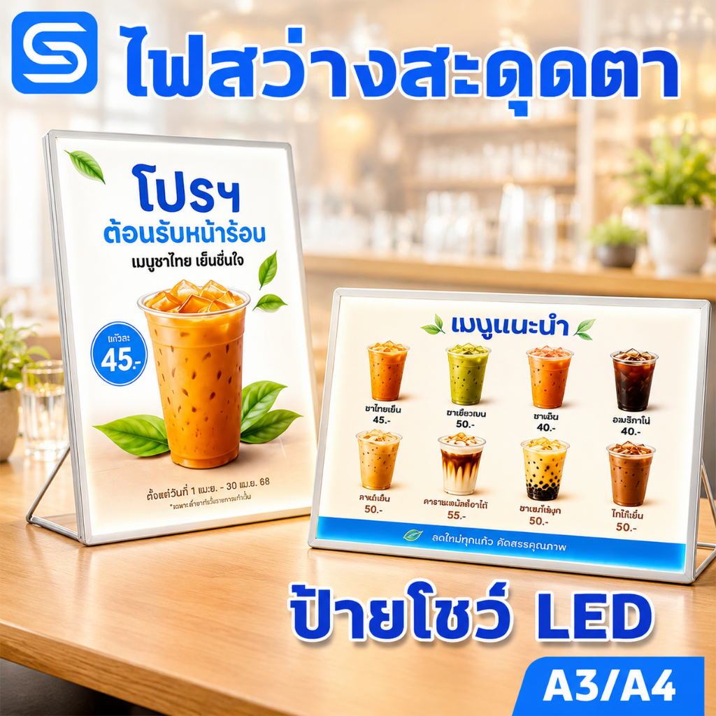 กรอบไฟเมนูอาหาร LED A3/A4 ปรับมุมได้ มีแผงกระจก เหมาะกับร้านอาหาร คาเฟ่ หรือเคาน์เตอร์ ✅ Spacora