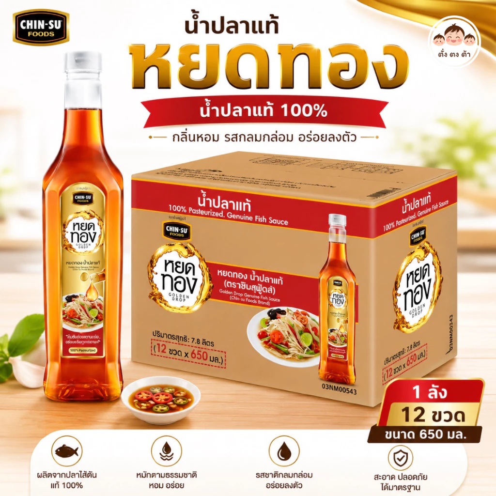 🐟 น้ำปลาแท้หยดทอง 650 มล. (1 ลัง 12 ขวด/ 6 ขวด) น้ำปลาแท้ 100% กลิ่นหอม รสกลมกล่อม