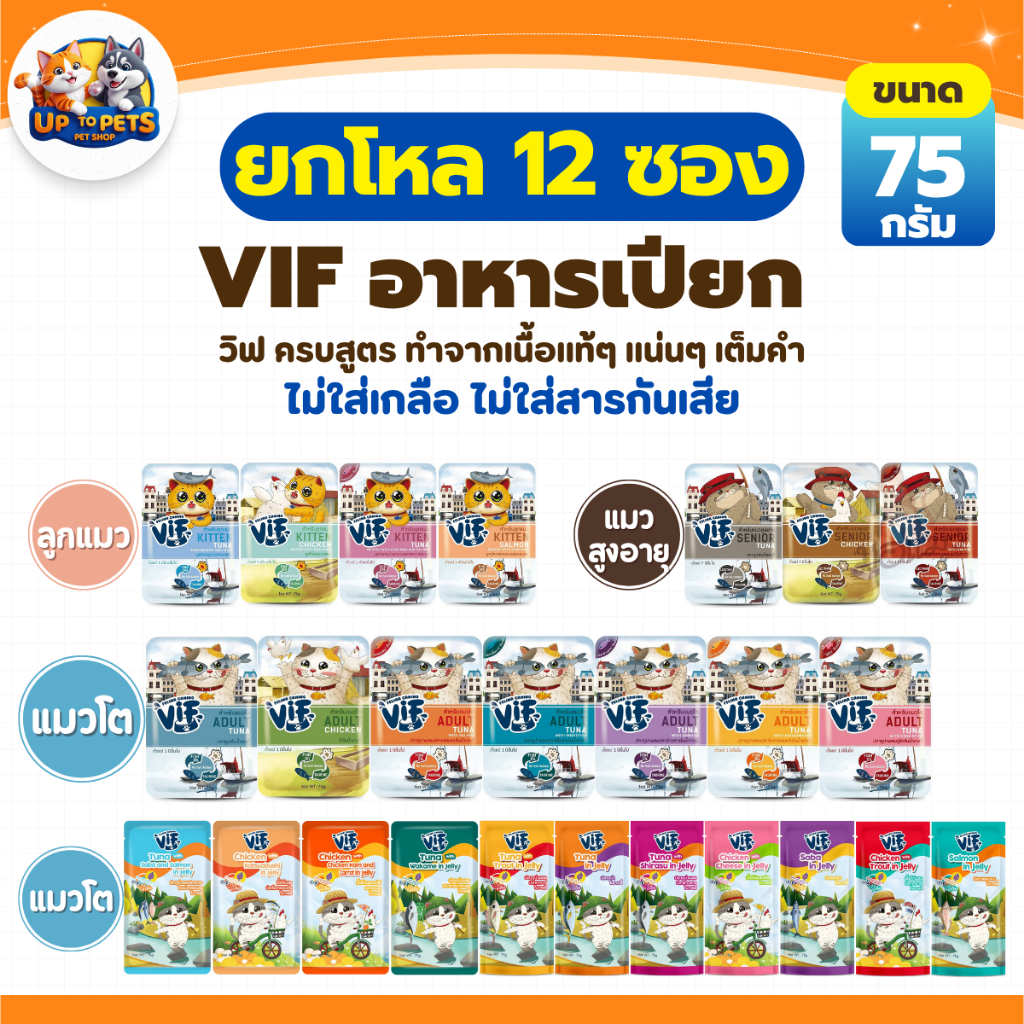 [ยกโหล 12 ซอง] VIF วิฟ อาหารเปียกแมว  ครบสูตร 75 กรัม เกรวี่/เจลลี่