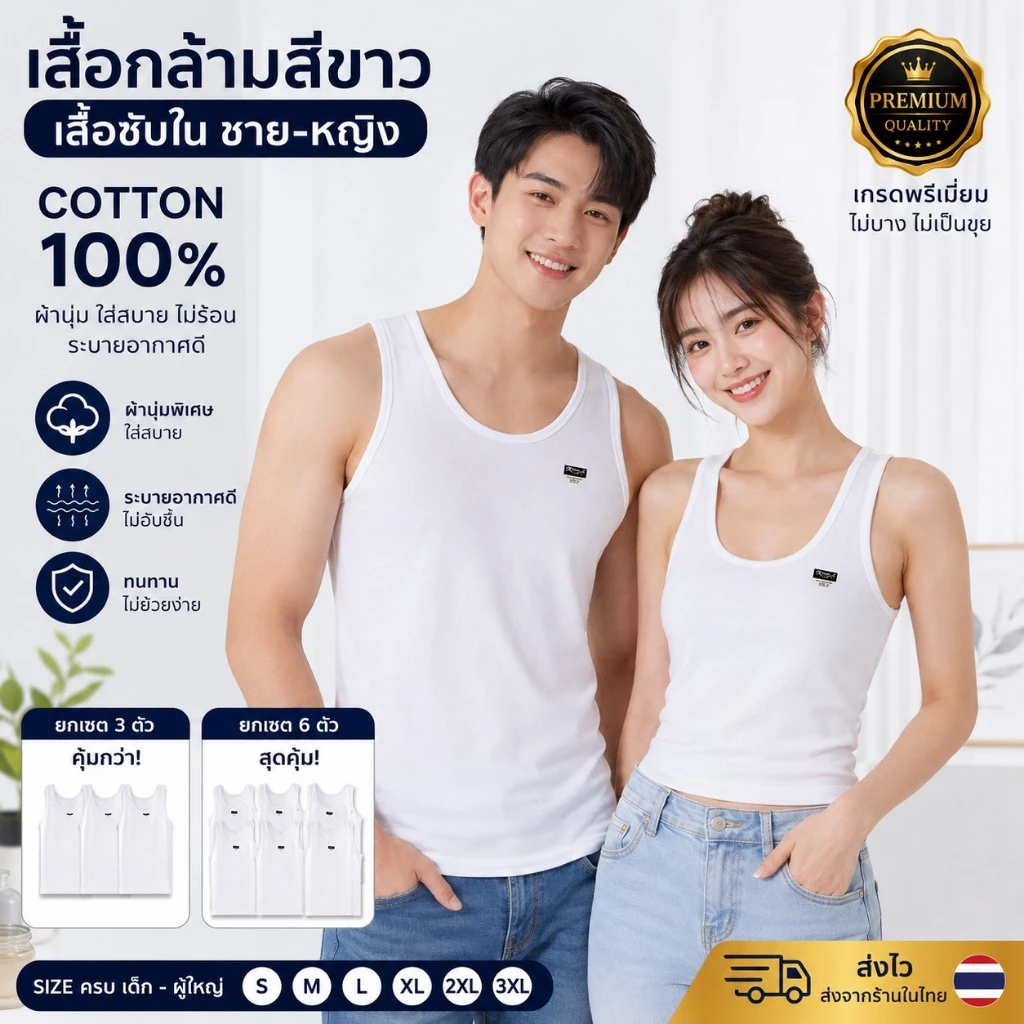 เสื้อกล้ามขาว เสื้อกล้ามนักเรียนพร้อมส่ง ขายส่งยกแพค3 ตัวยกแพค 6 ตัว