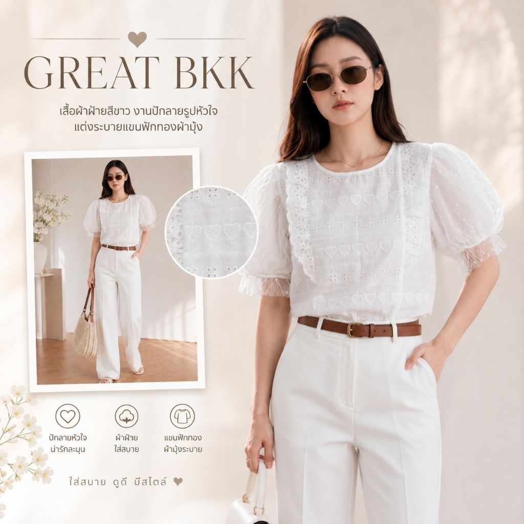 𝕄𝕦𝕒𝕪𝕝𝕪 𝕊𝕙𝕠𝕡 เสื้อขาว ลายฉลุลายหัวใจ น่ารัก ผ้าคอตตอน ผ้าฝ้าย แต่งลูกไม้ แขน2ชั้นซีทรู