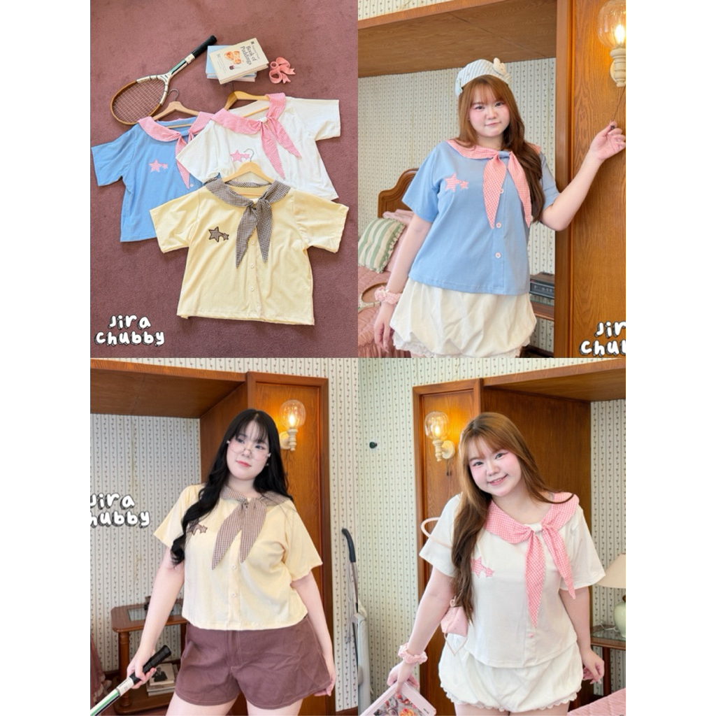เสื้อเชิ้ตผ้ายูนิโคล่แต่งสก็อตงาแต่งดาว+กระดุมดอกไม้สาวพลัสไซส์