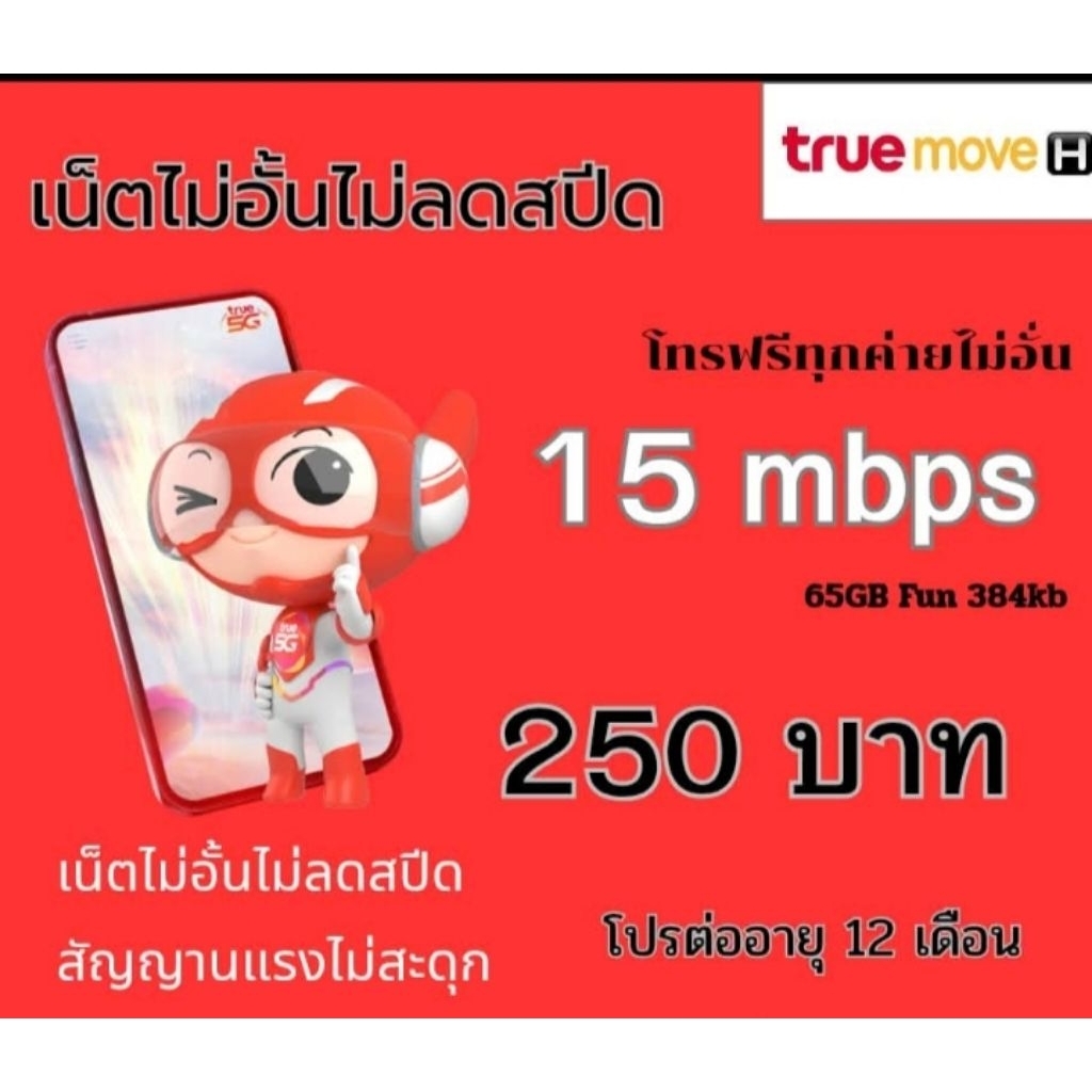 ซิม True โปร 15 เมก 250 (โทรฟรีทุกเครือข่าย)