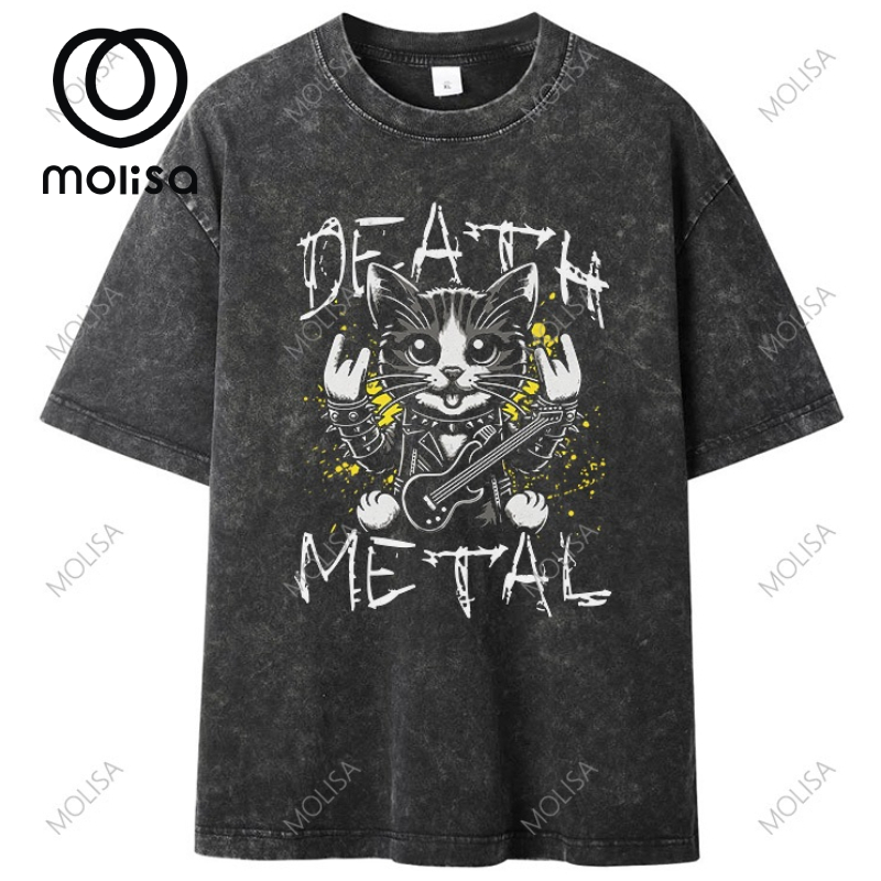 Molisa เสื้อยืด Oversize ลายแมว Death Metal สไตล์วินเทจ ผ้านุ่มสบาย cotton 100% หนา 230g ใส่ได้ทั้งชายและหญิง 68174#