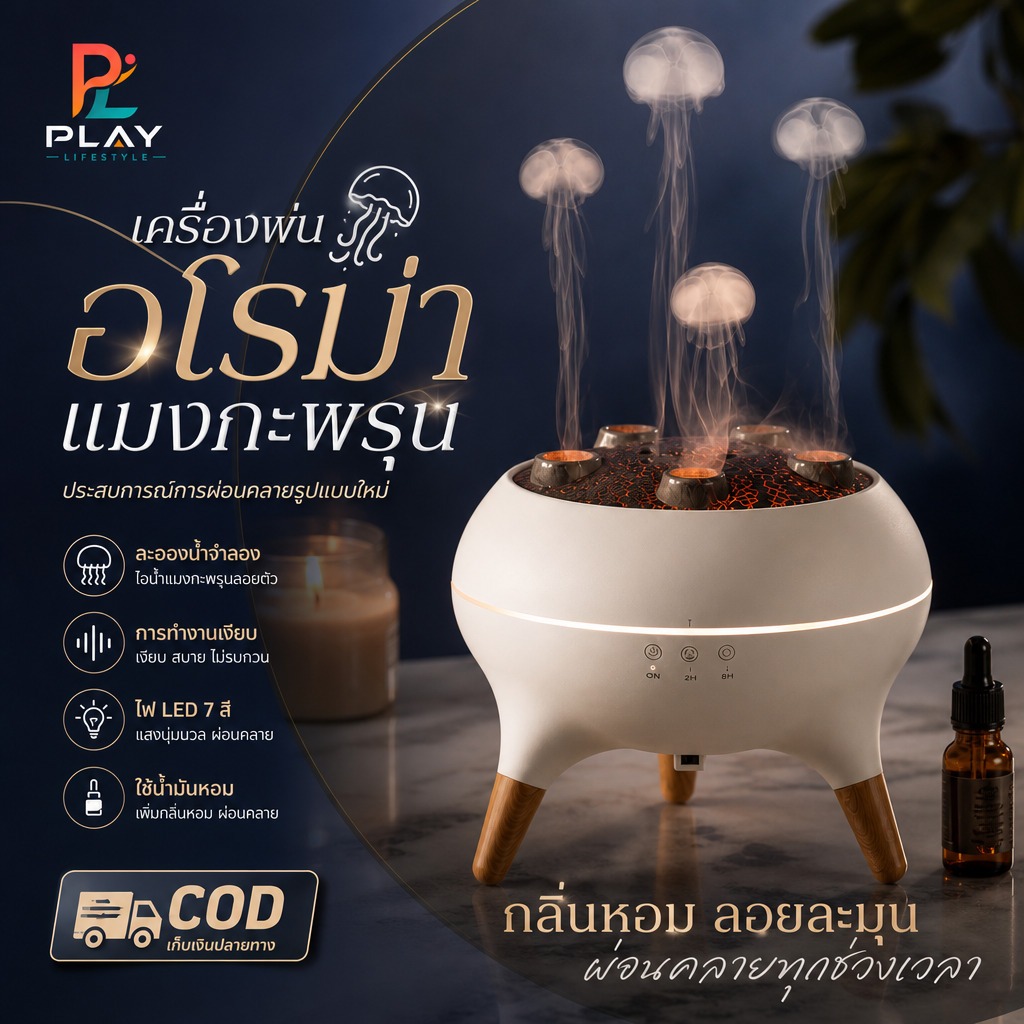 เครื่องพ่นไอน้ำอโรม่า รูปทรงแมงกะพรุน เครื่องเพิ่มความชื้น ไฟ 7 สี LED ความจุ 250ml. Aroma Diffuser กระจายกลิ่นหอม
