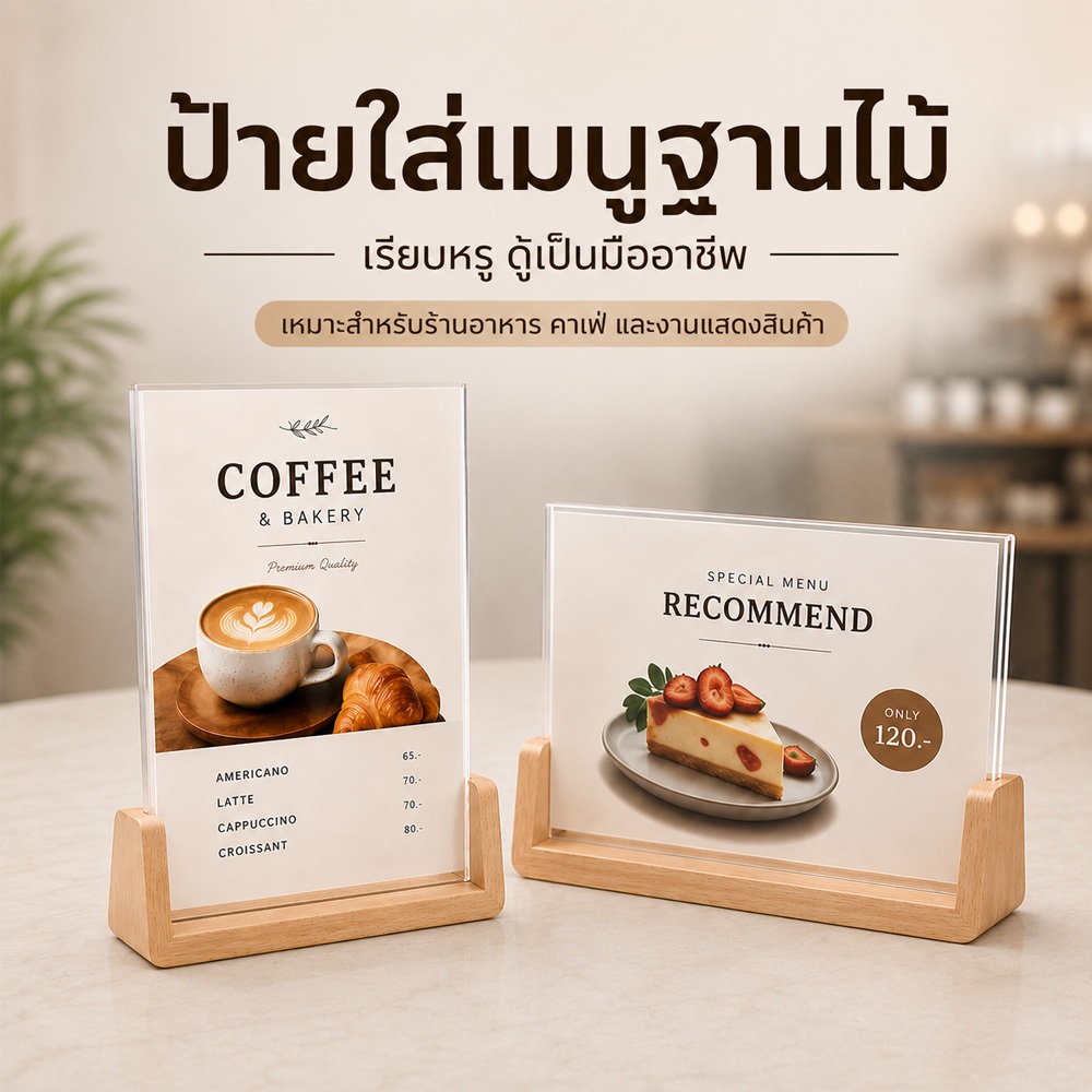 ป้ายตั้งโต๊ะอะคริลิค ฐานไม้ สไตล์มินิมอล มองเห็นชัดทั้ง 2 ด้าน ป้ายเมนู Menu Board