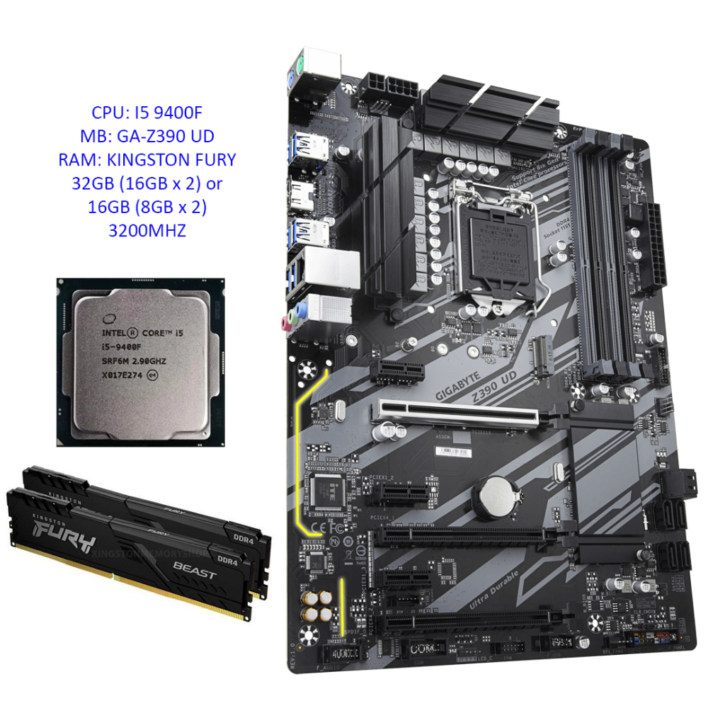 Comset Intel Core i5 9400F + Gigabyte Z390 UD + Kingston/Corsair DDR4 RAM 32GB(16GBx2) 3200MHZ CL16