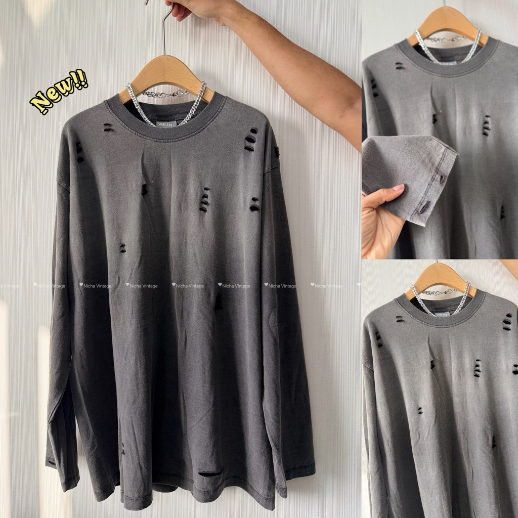 เสื้อวินเทจแขนยาว แต่งขาด ผ้านิ่มงานเฟดสีออกดำเทา อก44 ยาว30นิ้ว