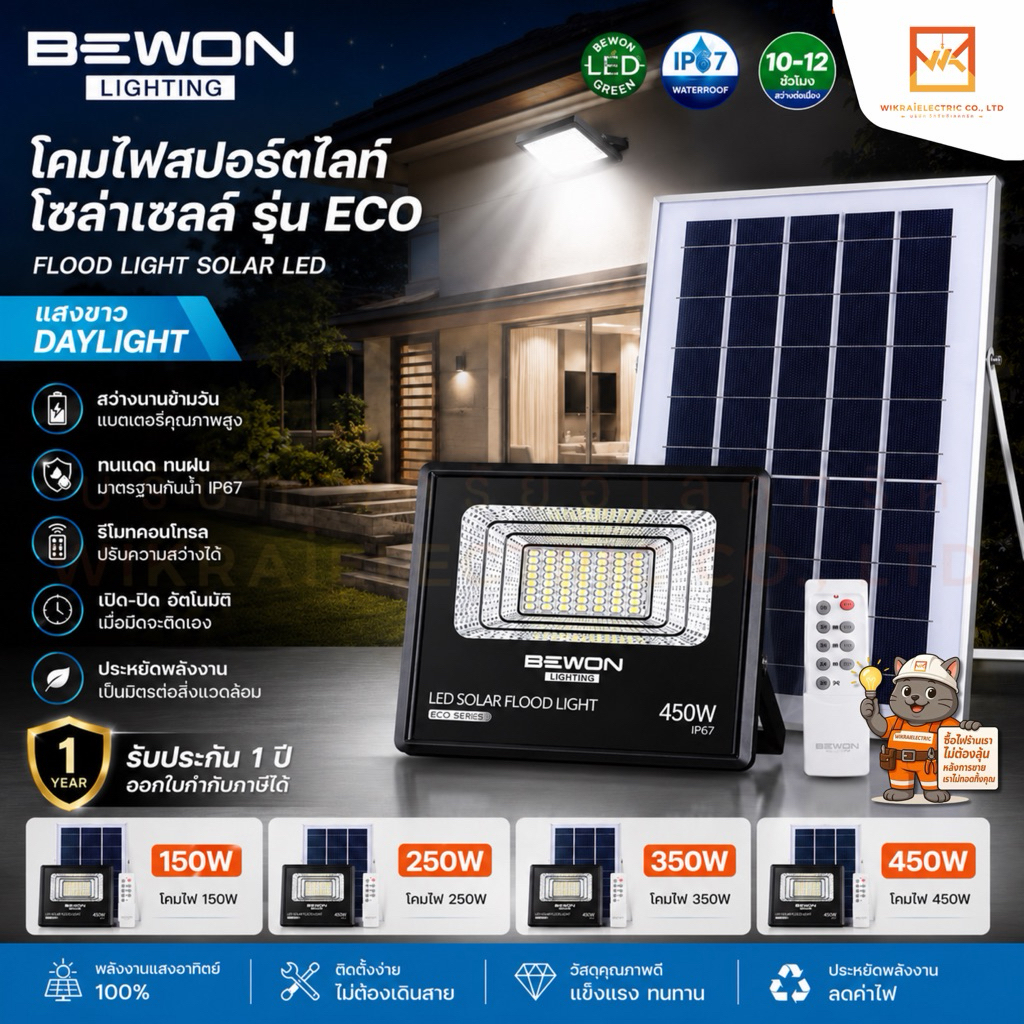 BEWON โคมไฟสปอร์ตไลท์ โซล่าเซลล์ แสงขาว รุ่น ECO ขนาด 150W 250W 350W 450W FLOOD LIGHT SOLAR LED โคมไ