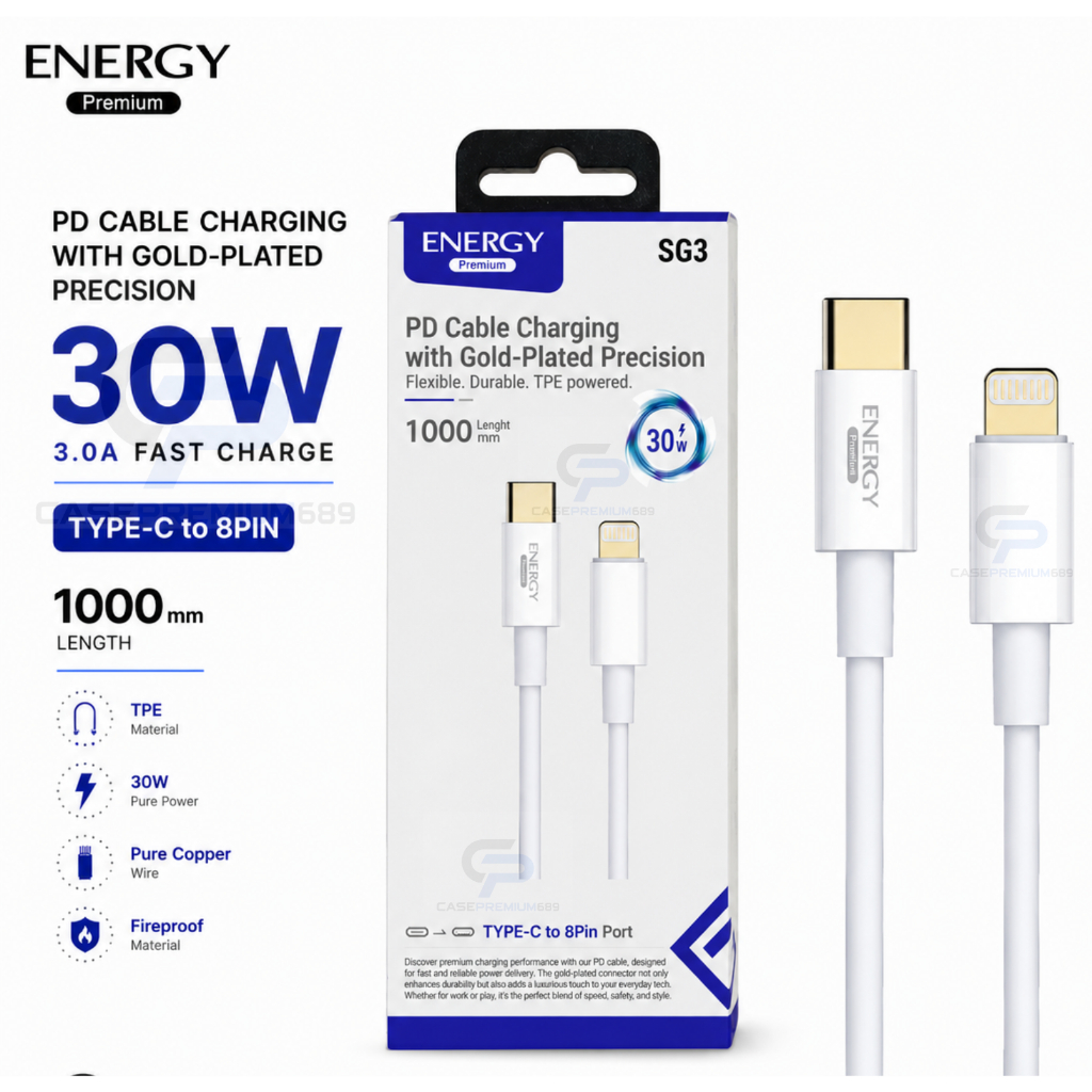 ENERGY สายชาร์จเร็ว USB-C to 8Pin PD 30W Fast Charging 3.0A พอร์ตสีทอง สาย PVC เส้นกลม 1 เมตร