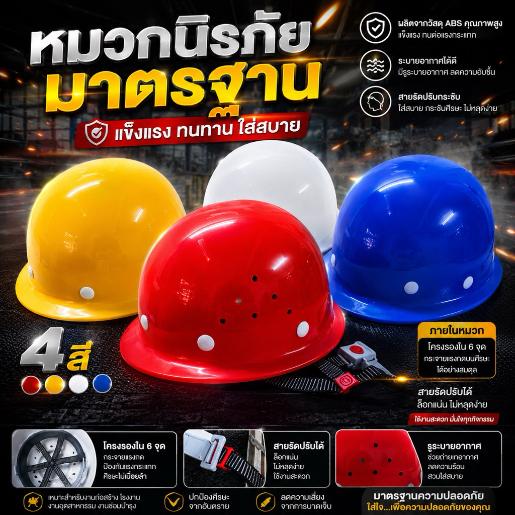หมวกนิรภัย รุ่น 380 หมวกเซฟตี้ ABS Safety Helmet มาตรฐานอุตสาหกรรม ปรับสายรัดได้ แข็งแรง น้ำหนักเบา งานก่อสร้าง โรงงาน