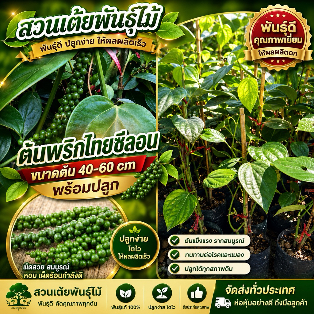ต้นพริกไทยซีลอนขนาดต้น40-60cmพร้อมปลูกต้นแข็งแรงพร้อมปลูกได้เลย