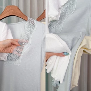 **พร้อมส่ง SML**BY0526 เสื้อแขนสั้นคอวีผ้าบางแต่งลูกไม้ ผ้าร่องนิ่มใส่สบาย benly co
