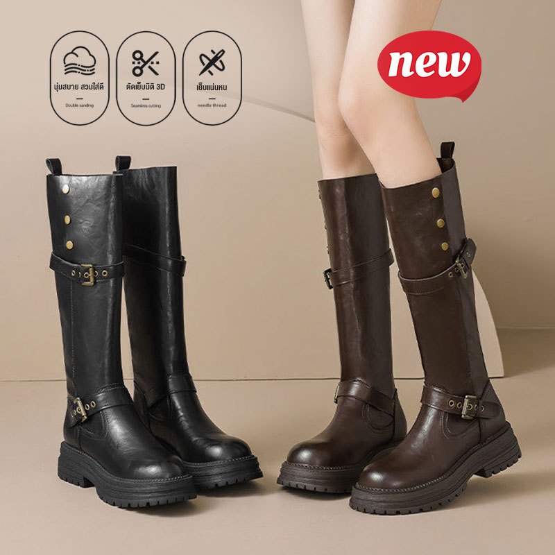 boots🌼สไตล์อังกฤษย้อนยุคหัวกลมหัวเข็มขัดรองเท้าแฟชั่นส้นสูง PU แฟชั่นเฉพาะกลุ่มวัยรุ่นยืดหยุ่นกันลื่นแขนรองเท้าอัศวิน