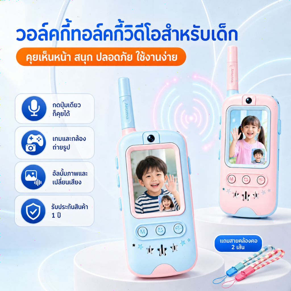 วิทยุสื่อสารเด็กแบบวิดีโอ 2.4G จอ LCD ระยะไกล 100-400m ปุ่มเดียว PTT ชาร์จ Type‑C(2 เครื่อง)