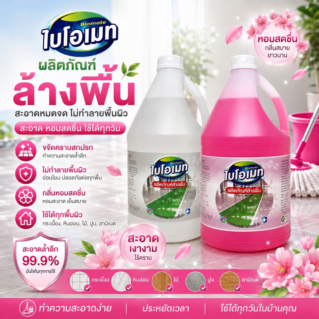 ผลิตภัณฑ์ล้างพื้น สีใสไร้กลิ่น สีแดงกลิ่นหอม 3.8ลิตร