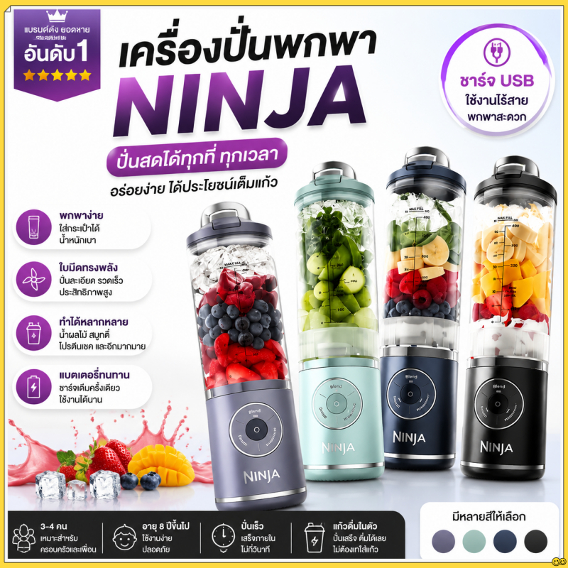พร้อมส่ง Ninja Blast Max BC251 เครื่องปั่นพกพาไร้สาย เครื่องปั่นน้ำผลไม้ ปั่นสมูทตี้ ปั่นน้ำแข็งได้ ชาร์จ BPA Free