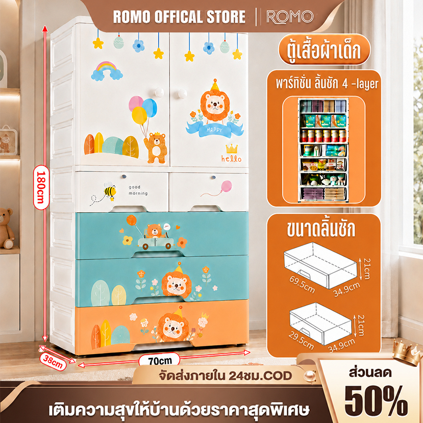 ROMOSS ตู้เสื้อผ้าเด็ก ตู้เสื้อผ้าลายการ์ตูน ที่เก็บของประตูคู่และลิ้นชัก เคลื่อนย้ายสะดวก หยัดพื้นที่ ตู้เก็บของ
